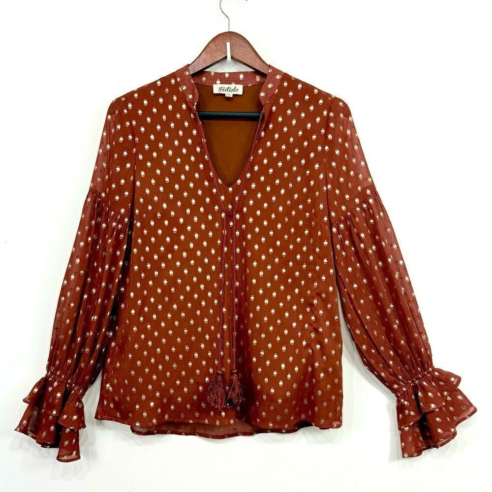 Listicle Rust Brown Gold Metallic Polka Dot Ruffle Long Sleeve Peasant Blouse